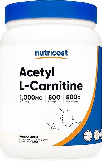 Acetyl L-Carnitine (ALCAR) 500g – Pó Puro de Acetil L-Carnitina 1000mg por Porção - Nutricost