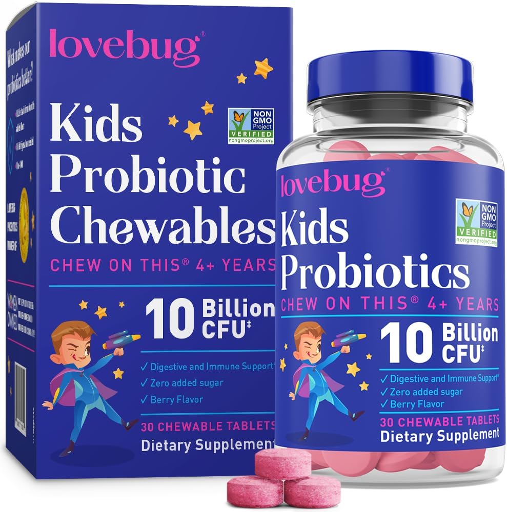 lovebug PROBIOTICS - Lovebug PROBIOTICS para Crianças – Chewables Probióticos com Fibra Prebiótica para Idade 4, Saúde Intestinal Diária Infantil, Constipação, Digestão