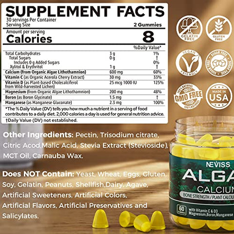 NEVISS - (2 Pacotes) Gomas de Algas com Cálcio 600mg, Vitamina D3, C, Magnésio, Boro, Manganês – Suplemento de Cálcio à Base de Plantas para a Saúde dos Ossos