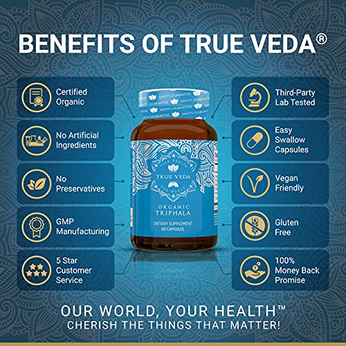 True Veda - Triphala Capsules Orgânicas Certificadas pelo USDA | Comprimidos Veganos de Triphala | Suplemento Herbal Natural de Triphala Guggulu | Potência de Extrato de Fusão Natural | Ayurveda | 60 Cápsulas