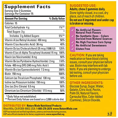 Multivitamínico Para Ela, Suplemento Multivitamínico Diário para Suporte Nutricional, Multivitamínico para Mulheres, 150 Gomas, Fornecimento de 75 Dias - Nature Made