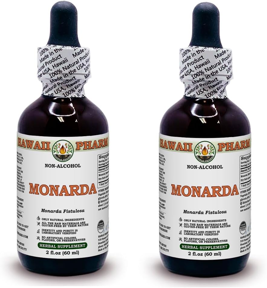 Extrato Líquido Sem Álcool de Monarda, Erva Seca de Monarda (Monarda Fistulosa) Glicerito Herbal Natural, EUA 2×60 ml - Hawaii Pharm