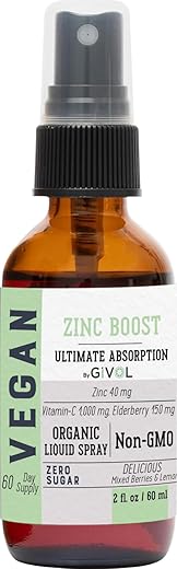 GIVOL - Mistura de ZINCO Orgânico 100 mg (Extra Forte) – Sem Açúcar com VIT C e Extrato de Sabugueiro – Spray Líquido Vegano para Crianças e Adultos – Absorção Fácil – Não-OGM – (60 ml) 60 g