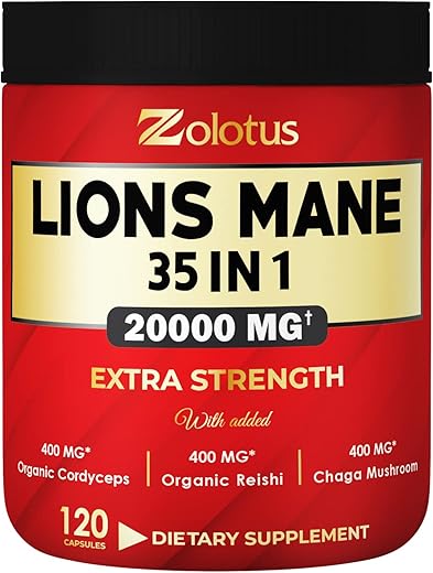Zolotus - 35 em 1 Cápsulas de Cogumelo do Leão, Equivalente a 20000mg, com Cordeyceps, Reishi, Sabugueiro, Ginseng Panax, Foco, Memória