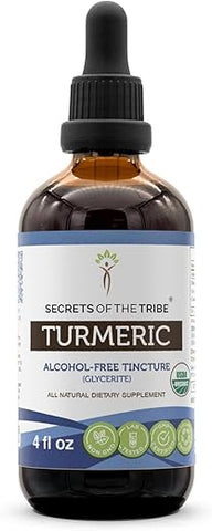 Secrets of the Tribe - Turmeric Orgânico USDA Tintura Extrato Livre de Álcool, Raiz Seca de Cúrcuma (Curcuma Longa) Tintura Suplemento (120 ml)