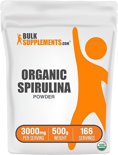 com Spirulina Orgânica em Pó – Superfood Verde, Vegano, 3000mg por Porção, 500g (1.1 lbs) (Pacote de 1) - BulkSupplements