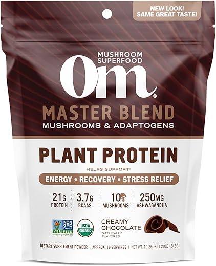 Mushroom Superfood Master Blend – Pó de Proteína à Base de Plantas, 19,26 Onças (545g), 16 Porções, Saboroso Chocolate Cremoso com Complexo de 10 Cogumelos, Leão Mane, Adaptógenos para Ótimo Desempenho - OM