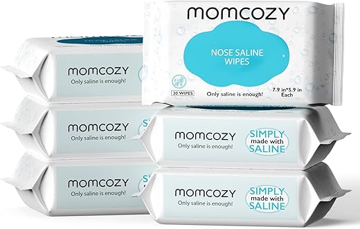 Lenços Umedecidos para Bebê Momcozy Nariz e Rosto com Soro Fisiológico Natural, Suaves e Não Irritantes, 100% Biodegradáveis, Sem Fragrância