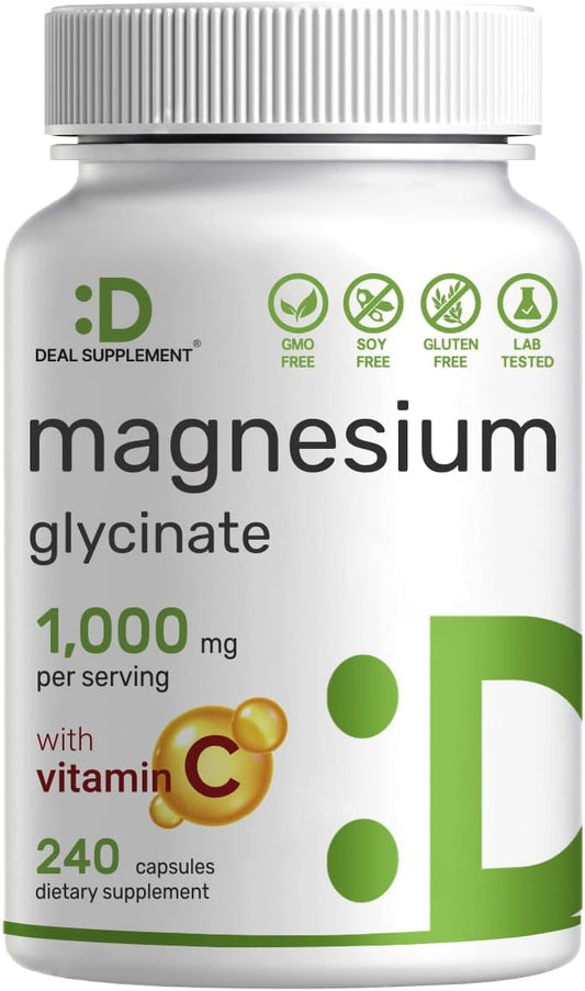 Magnésio Glicinato 500mg Por Cápsula (1000mg Por Porção) + Vitamina C, 240 Cápsulas – 100%% Quelado para Fácil Absorção – Suplemento Mineral Essencial - DEAL SUPPLEMENT