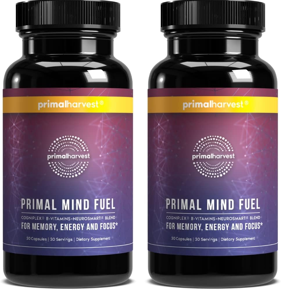 Primal Harvest - 2 Pack, Primal Mind Fuel Brain Booster – Foco, Energia, Clareza, Memória – Saúde Cerebral – 30 Cápsulas – Nootrópicos – Suporte Cerebral para Homens e Mulheres