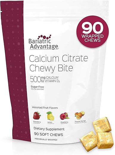 Suplemento de cálcio mastigável Bariatric Advantage Citrato de Cálcio Chewy Bites 500 mg – para pacientes de cirurgia bariátrica – Vitamina D3 – Suplemento de cálcio mastigável sem açúcar – Bariatric Calcium Chews
