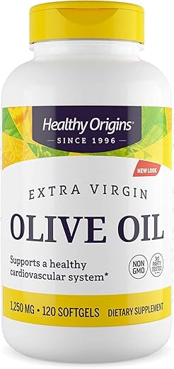 Óleo de Oliva Healthy Origins, 1250 mg – Suplemento para Saúde do Coração com Óleo de Oliva Extra Virgem Orgânico e Prensado a Frio – Suplementos Livres de Glúten para Homens