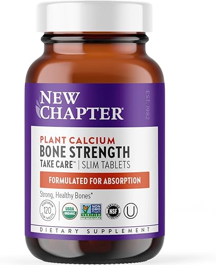 Suplemento de Cálcio Orgânico para Fortalecimento Ósseo com Magnésio, Vitamina D3 K2, 70 Minerais Traços para Saúde Óssea, Livre de Glúten, Fácil de Engolir – 120 Comprimidos Slim - New Chapter