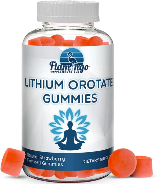 Flamingo Supplements - Lithium Orotate Gummies 5mg por Porção – Testado por Terceiros, à Base de Plantas. Alternativa aos Líquidos ou Comprimidos de Lítio. Mineral Traço para Suporte de Humor – Sabor Morango
