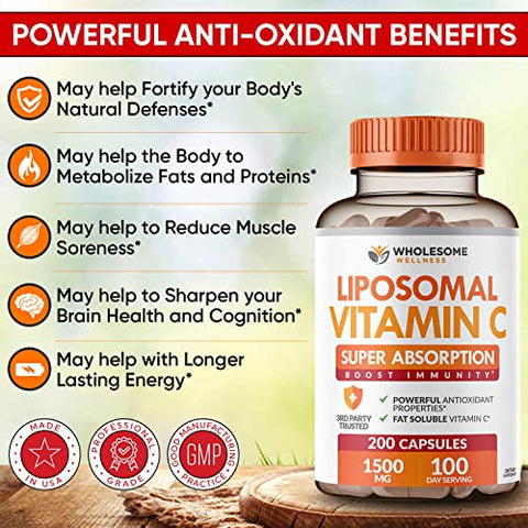Wholesome Wellness - VIT C Liposomal 1500mg (200 Cápsulas) Alta Absorção – Sistema Imunológico