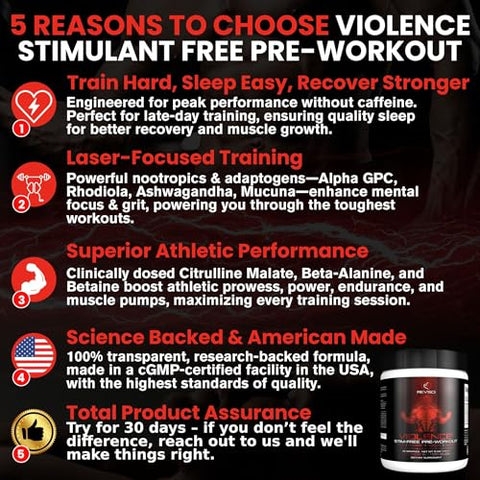 Revolution Science - VIOLENCE Pré-treino em Pó Sem Estimulantes por REVSCI, Fórmula de Pré-treino sem Cafeína, Suplemento para Bomba Muscular