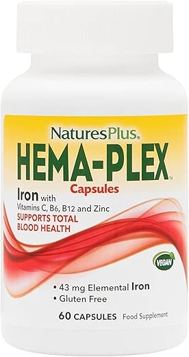 Natures Plus - NaturesPlus Hema-Plex Ferro – 60 Cápsulas de Ação Rápida – 85 mg Ferro Quelado – Saúde Total do Sangue – Com Vitamina C