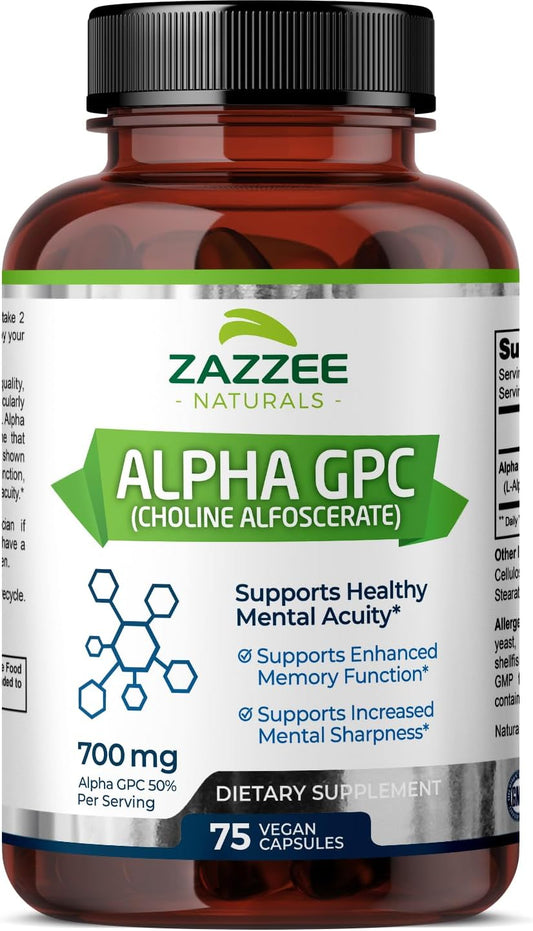 Alpha GPC Choline Extra Forte, 700 mg por Porção, 75 Cápsulas Veganas, Grau Farmacêutico Puro 100%%, Vegetariano 100%%, Padronizado para Potência e Pureza, Tudo-Natural - Zazzee