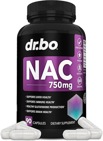 DR. BO - Suplemento NAC Cápsulas de N-Acetil Cisteína – 750mg Cápsula de Vitamina Pura de N-Acetil Cisteína – Fórmula Diária de Suporte ao Fígado para Limpeza Pulmonar, Desintoxicação Renal, Cérebro