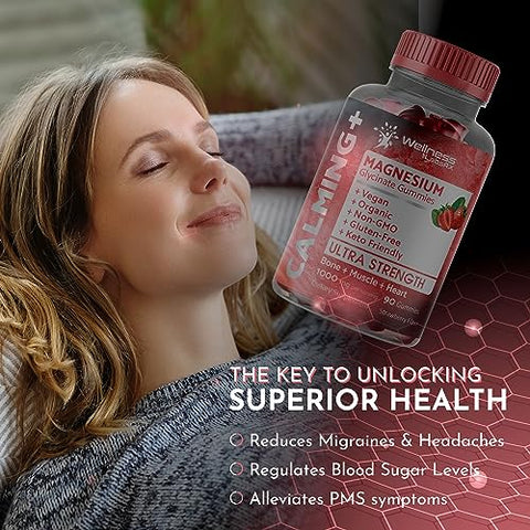 WELLNESS LABSRX - Gomas de Magnésio Glicinato – 1000 mg – Suporte para Relaxamento, Alívio do Estresse, Saúde do Coração – Gomas Mastigáveis de Magnésio para Adultos – Sabor Morango