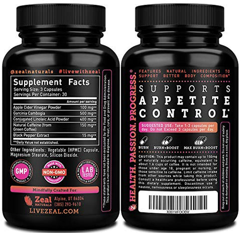 Zeal Naturals - Pílulas de Gerenciamento de Peso com Vinagre de Maçã para Mulheres – Garcinia Cambogia c/ CLA | 100% Natural | 60 cápsulas