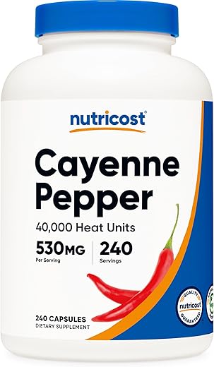 Cayenne Pepper 530mg – 240 Cápsulas | 40.000 Unidades de Calor | Sem Glúten, Não-OGM - Nutricost