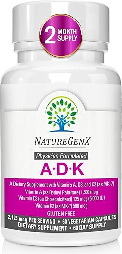 NatureGenX - ADK Vitaminas 5000 UI – Alta Potência para Saúde Óssea e Absorção de Cálcio | Sem Glúten, 60 Dias de Suprimento, 60 Cápsulas