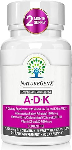NatureGenX - ADK Vitaminas 5000 UI – Alta Potência para Saúde Óssea e Absorção de Cálcio | Sem Glúten, 60 Dias de Suprimento, 60 Cápsulas