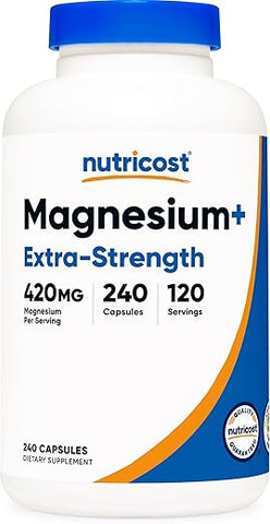 Magnésio Extra Forte 420mg, 240 Cápsulas – 120 Porções. Óxido e Glicinato de Magnésio – Não-OGM, Sem Glúten, Amigável para Veganos - Nutricost
