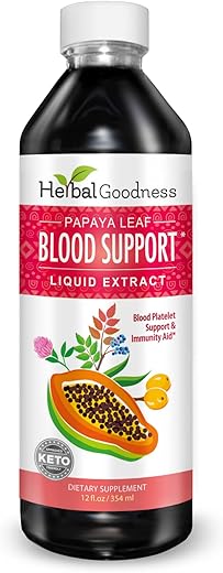 Herbal Papaya - Papaya Leaf Blood Support Liquid – Extrato de Folha de Mamão – Plaquetas Saudáveis, Limpeza do Sangue, Digestão, Enzima de Mamão – 12oz Líquido – Herbal Goodness (1 frasco)