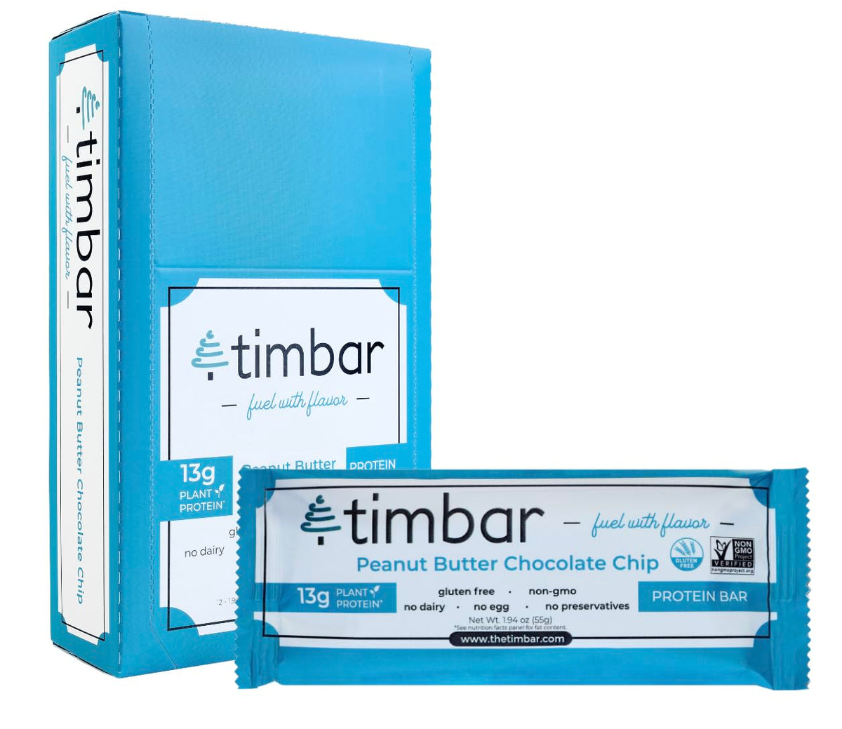 TIMBAR - Timbar Barras de Proteína, Pasta de Amendoim com Gotas de Chocolate, à Base de Plantas, Não-OGM, Sem Glúten, Sem Laticínios, Sem Ovos, Sem Conservantes (12 Barras) – 13g de Proteína à Base de Plantas por Barra