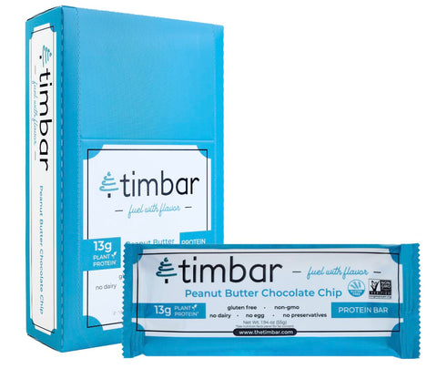 TIMBAR - Timbar Barras de Proteína, Pasta de Amendoim com Gotas de Chocolate, à Base de Plantas, Não-OGM, Sem Glúten, Sem Laticínios, Sem Ovos, Sem Conservantes (12 Barras) – 13g de Proteína à Base de Plantas por Barra