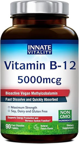 Vitamina B12 5000mcg, Metilcobalamina Vegana, Comprimidos de Dissolução Rápida, Sabor Natural de Pêssego, Suporte à Produção de Energia - Innate Vitality