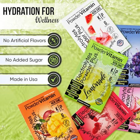 PowderVitamin - Electrolytes Powder Plus Keto: Pack Variado, Zero Açúcar, 1000mg de Potássio, 120mg de Cálcio, 120mg de Magnésio, Não-OGM, Zero Calorias, 30 Pacotes de Hidratação