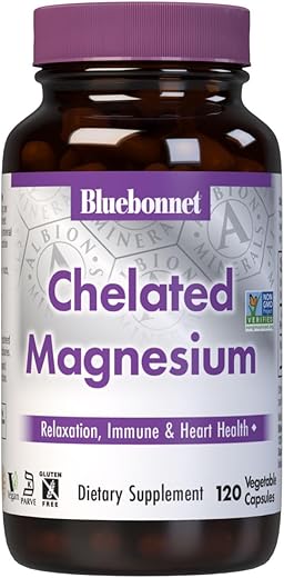 Nutrition Magnésio Quelato Albion Cápsula Vegetal, 200 mg, Alívio do Estresse, Vegano, Não Transgênico, Sem Glúten, Sem Soja, Sem Leite, Kosher, 120 Cápsulas Vegetais, 2 Meses - Bluebonnet