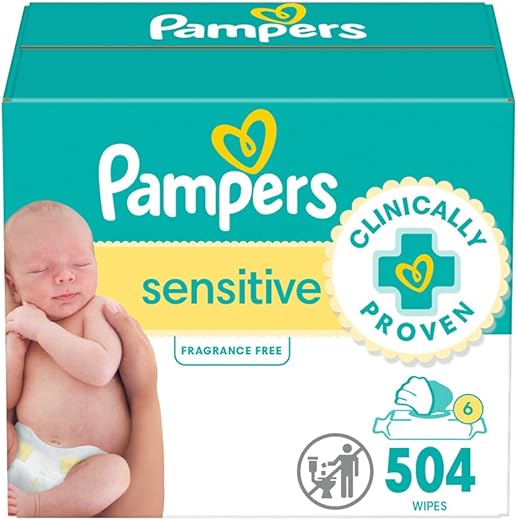 Lenços Umedecidos Sensíveis para Bebês, à Base de Água, Hipoalergênicos e Sem Perfume, 6 Pacotes com Tampa Flip (504 Lenços no Total) (Embalagem Pode Variar) - Pampers