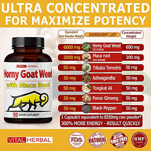 Cápsulas de Horny Goat Weed Equivalente a 8250mg de Força Máxima com Raiz de Maca Tribulus Ashwagandha Tongkat Ali Panax Ginseng para Homens e Mulheres, Aumenta a Energia (90 Unidades) - VITAL HERBAL