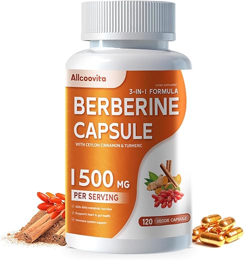 Allcoovita - Berberine Plus Cápsulas – 1500mg por Porção – 120 Unidades – HCI de Berberina – Canela Ceylon Pura – Suplemento de Raiz de HCI de Berberina