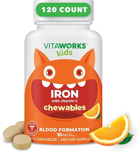 VitaWorks - Kids Iron 10mg com Vitamina C 50mg – Comprimidos Mastigáveis Saborosos – Vegano, Vegetariano, Livre de Transgênicos, Sem Nozes – Suplemento de Ferro Dietético – Formação de Sangue para Crianças