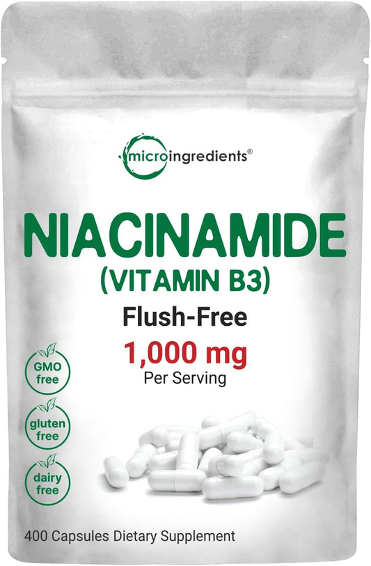 Micro Ingredients - Vitamina B3 Niacinamida 500mg por Cápsula, 400 Cápsulas | 1.000mg Niacina Livre de Rubor por Porção, Suplemento Essencial de Vitamina B | Cuidados com a Pele e Saúde