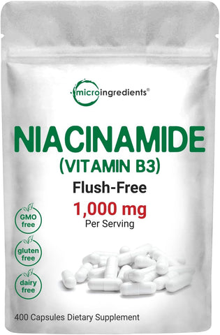 Micro Ingredients - Vitamina B3 Niacinamida 500mg por Cápsula, 400 Cápsulas | 1.000mg Niacina Livre de Rubor por Porção, Suplemento Essencial de Vitamina B | Cuidados com a Pele e Saúde