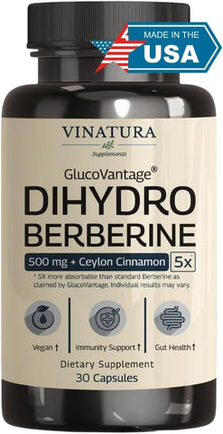 VINATURA - Dihydroberberine 500mg com Canela do Ceilão – GlucoVantage Super Berberine Patenteado, Talvez 5X Mais Absorvível – 30 Cápsulas