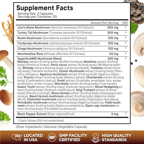 Superfood MD - Lions Mane 3000mg + Turkey Tail 2000mg + Reishi 1000mg + Cordyceps Chaga 1000mg com Raiz de Marshmallow – 180 Cápsulas