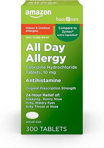24 Horas Alívio de Alergia, Comprimidos de Cloridrato de Cetirizina, 10 mg, 300 Unidades - Amazon Basic Care
