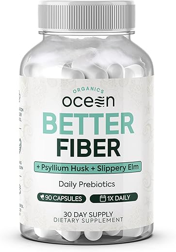 Organics Ocean - Fibra Melhor – Suplemento Diário de Fibra – Amolece Fezes para Movimentos Intestinais Sem Esforço – com Psyllium Hulk e Slippery Elm – 90 Cápsulas