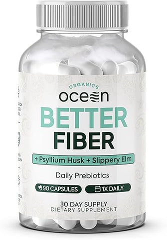 Organics Ocean - Fibra Melhor – Suplemento Diário de Fibra – Amolece Fezes para Movimentos Intestinais Sem Esforço – com Psyllium Hulk e Slippery Elm – 90 Cápsulas