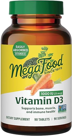 Vitamina D3 1000 UI (25 mcg) – Suporte Imunológico – Saúde Óssea – Com Vitamina D3 facilmente absorvida – Alimentos reais – Não-OGM, Vegetariano – Sem 9 alimentos - MegaFood
