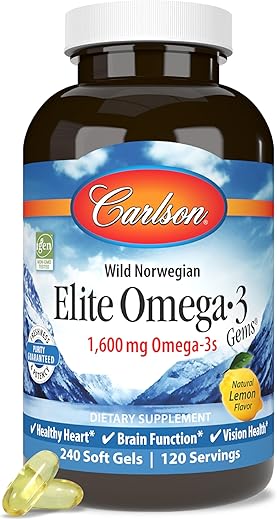 Ômega-3 Elite Gems, 1600 mg Ácidos Graxos Ômega-3 Incluindo EPA e DHA, Norueguês, Óleo de Peixe Selvagem Capturado de Forma Sustentável, Cápsulas de Óleo de Peixe Ômega 3 - Carlson