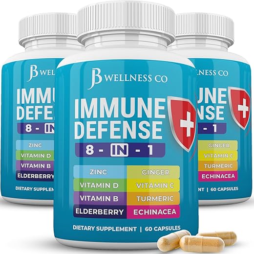 JB Wellness Co - Cápsulas 8 em 1 para Suporte Imunológico – Suplemento de Zinco, Vitamina D3 5000 UI, Vitamina C 1000MG e Sabugueiro – Reforço Imunológico com Equinácea, Gengibre e Cúrcuma – Marca: Immune Support