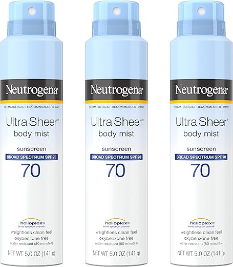 Protetor Solar Neutrogena Spray, Ultra Sheer ® Body Mist, FPS 70, Resistente à Água, Não Oleoso, 150 ml (Pack com 3 unidades)